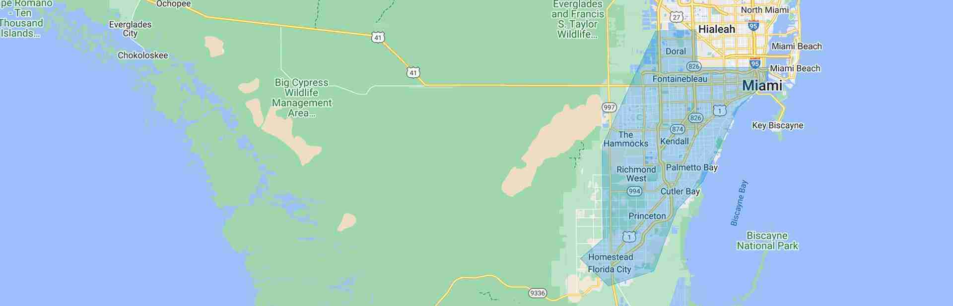 Precision ProWash Miami service area map of South Miami-Dade
